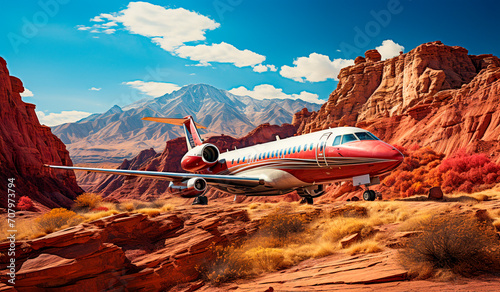 scenes of an airplane flying through a red rock canyon. Emotionally evocative visuals with vibrant colors. A combination of dry and witty humor and stunning scenery. Sun-soaked color palette photo