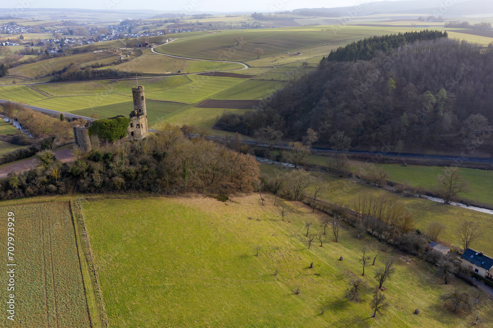 Bird's-eye view of the Ardeck castle ruins near Holzheim/Germany in the Taunus