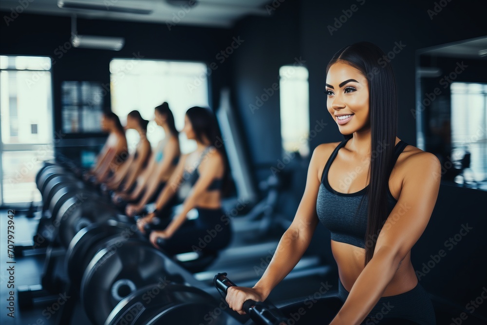 Happy Young Woman with a Radiant Smile Engaging in Energetic Indoor Cycling Workout at the Gym Happy Young Woman with a Radiant Smile Engaging in Energetic Indoor Cycling Workout at the Gym