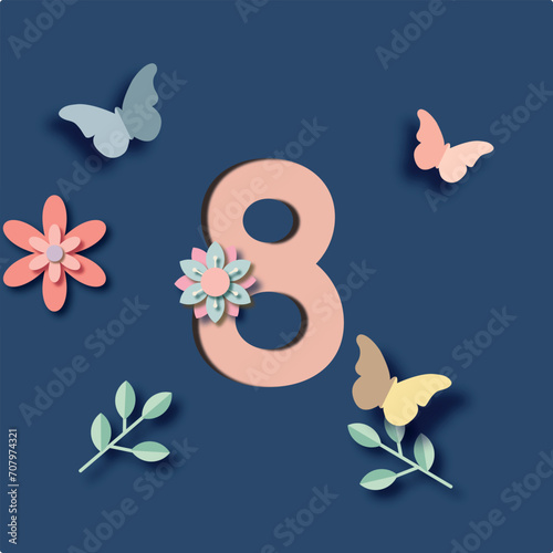 International Women's day 8 march pink papercut spring postcard. Greeting card with flowers, hearts and butterfly cut out effect. Figure eight for greeting card, flyer or brochure template.