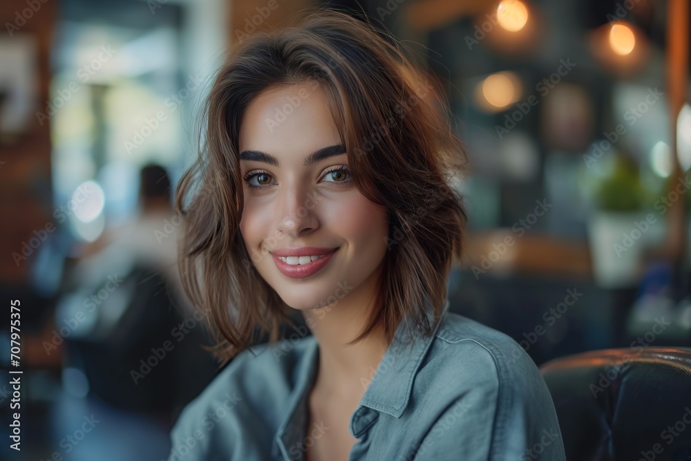Portrait of a beautiful young woman, with serene eyes and perfect hair, inside a store with the background out of focus. Portrait of a beautiful young woman, with serene eyes and perfect hair, inside a store with the background out of focus.