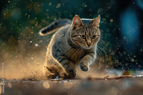 A domestic cat chases a little mouse as its prey.