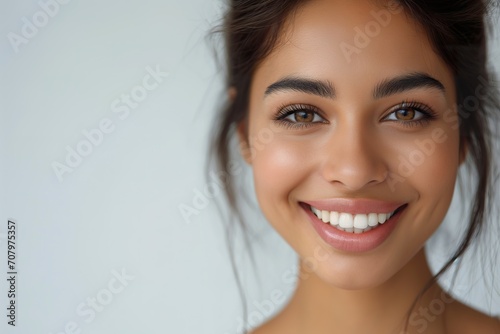 Portrait of a smiling pretty young woman, with Latin features, posing simply on a white background with copy space.