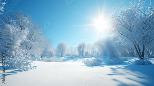 Beautiful landscape in winter in a snowy forest, bright sunshine, amazing day © Amir
