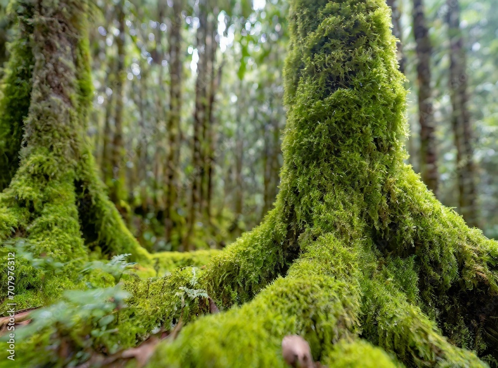 Tree with moss closeup photography, leafy forest