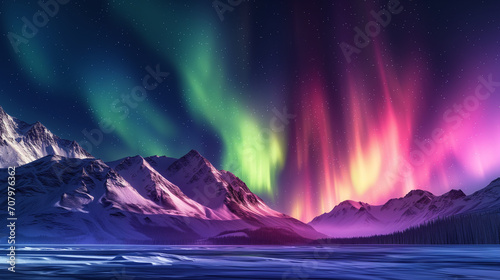 Mountain landscape in winter with colorful northern lights at night fantasy