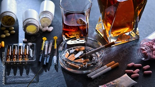 Addictive substances, including alcohol, cigarettes and drugs. photo
