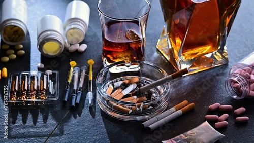 Addictive substances, including alcohol, cigarettes and drugs.