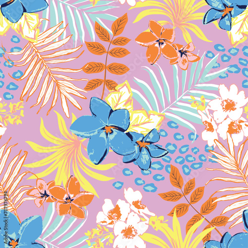 Hibiscus seamless vector pattern. Tropical floral with palm leaves. Hawaiian pattern. pink background, blue and orange. Girls and teens fashion, swimwear. Summer and spring.