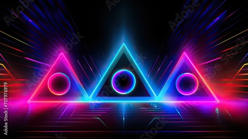 neon lights, spotlights and ray.neon triangle frame with glowing effect on dark background. Blank glowing techno background. Dark background and neon lights.