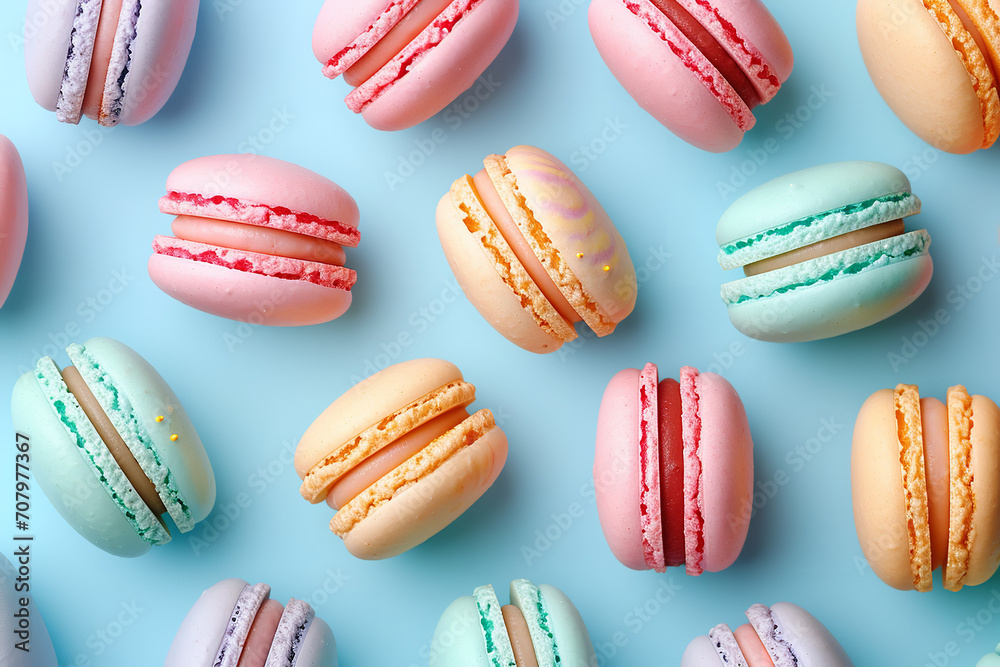 Colorful flying macaroons on a pastel blue background, pattern Colorful flying macaroons on a pastel blue background, pattern 