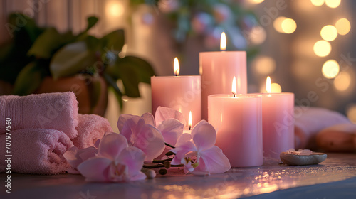 Craft a calming spa scene where the soft radiance of pink candles bathes the environment in a tranquil light