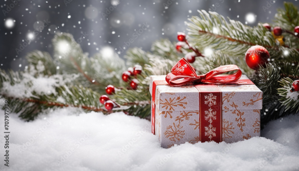 Snowflake decoration on winter tree, gift wrapped generated by AI Snowflake decoration on winter tree, gift wrapped generated by AI