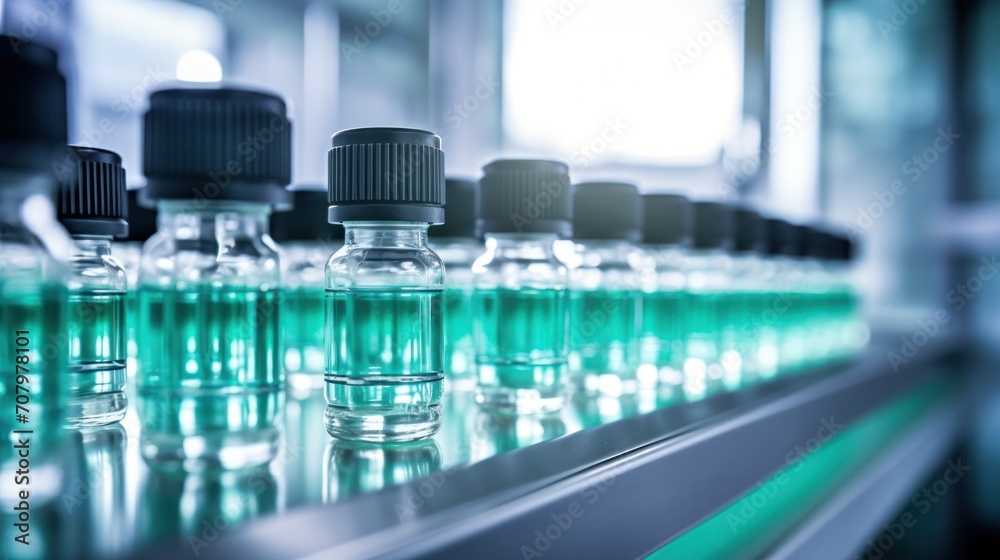 Medical vials on production line at pharmaceutical factory, Pharmaceutical machine working pharmaceutical glass bottles production line, health care, pandemic Medical vials on production line at pharmaceutical factory, Pharmaceutical machine working pharmaceutical glass bottles production line, health care, pandemic