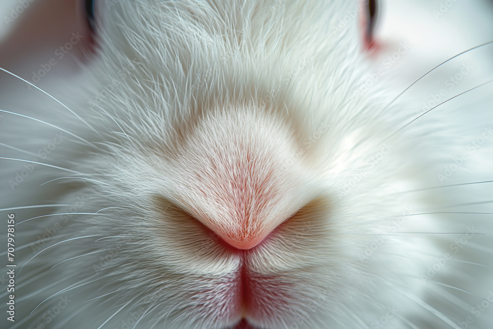 White cute small bunny on the whit bokee background