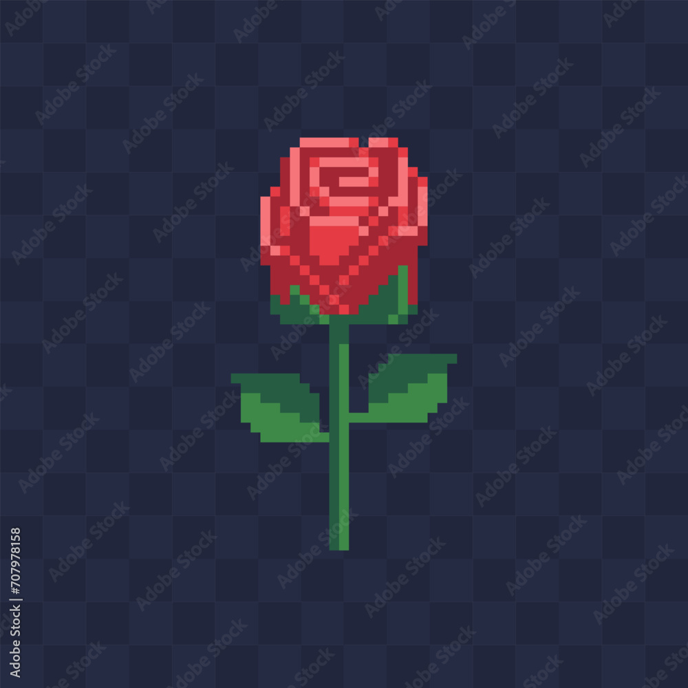 Obraz premium Rose pixel art icon, logo of flower shop. Element for design of greeting card International Women's Day, Mother's Day. Sticker design. Isolated vector illustration.