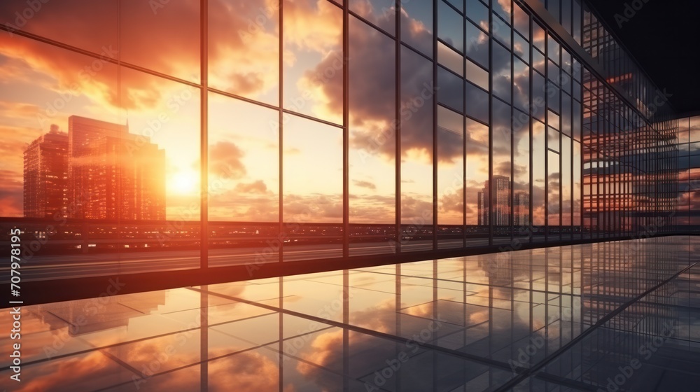 Fototapeta premium Modern office building or business center. High-rise window buildings made of glass reflect the clouds and the sunset. empty street outside wall modernity civilization. growing up business