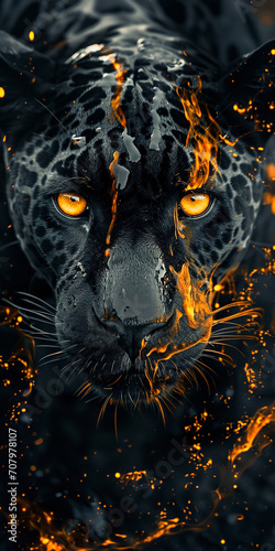 Melting jaguar wallpaper, in the style of obsidian black and amber, dark and dramatic portraits, luminous eyes © Nate