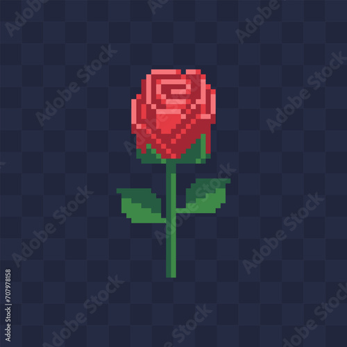 Rose pixel art icon, logo of flower shop. Element for design of greeting card International Women's Day, Mother's Day. Sticker design. Isolated vector illustration.