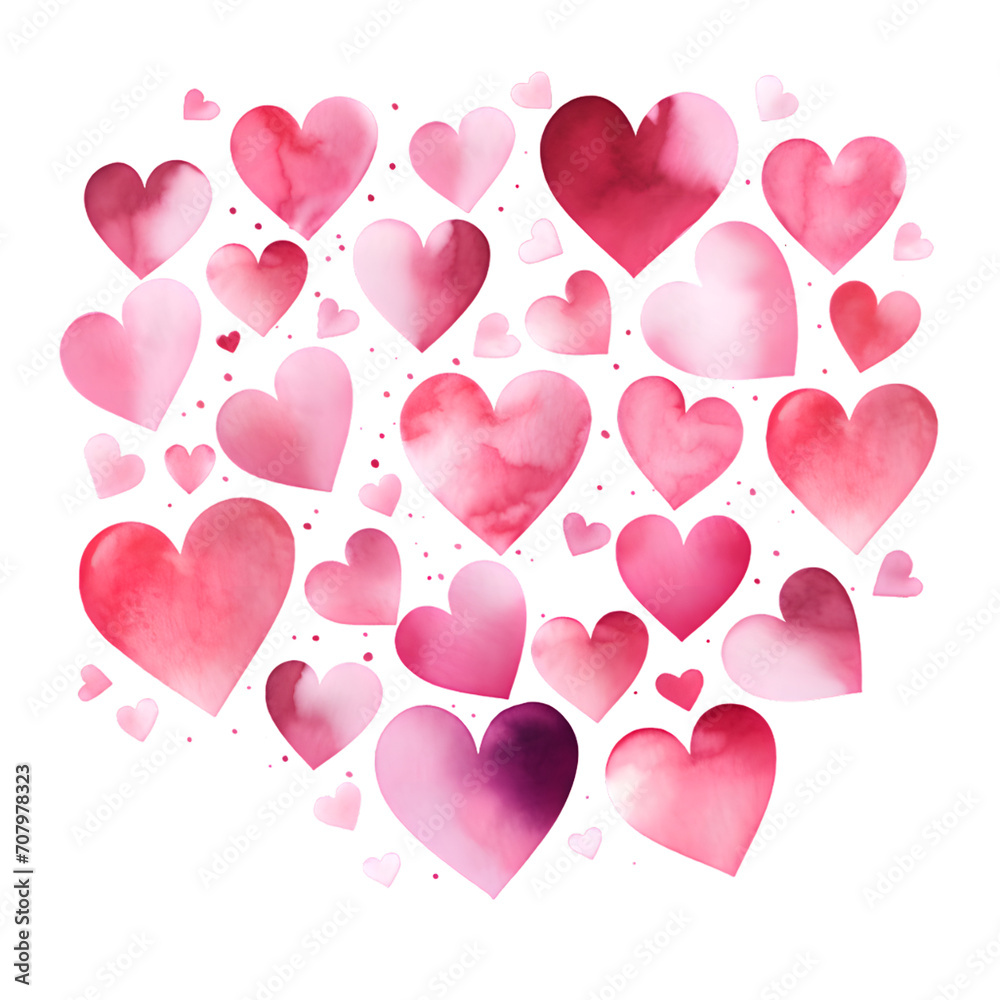 Watercolor drawing with pink and red hearts isolated on transparent background. Valentine's day card