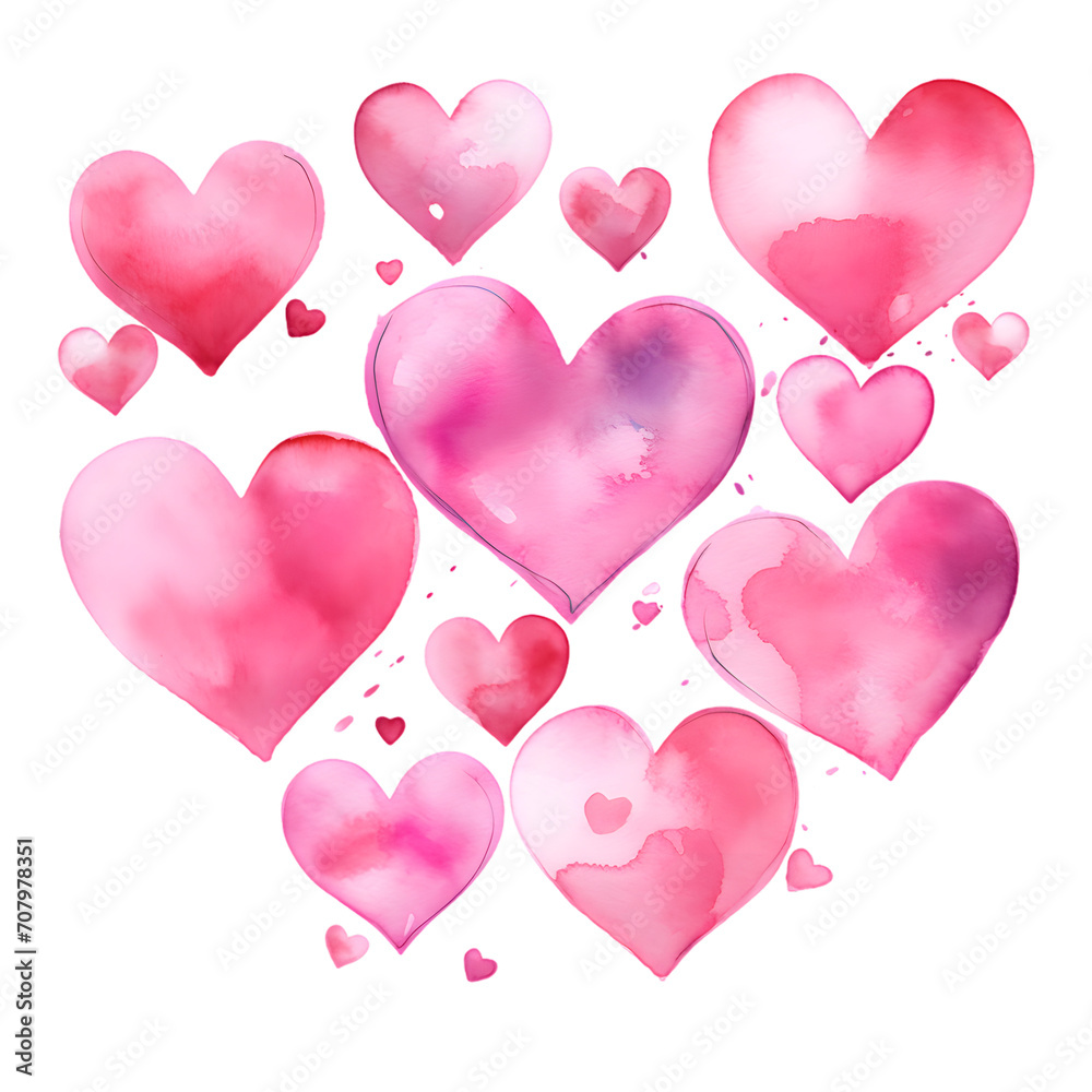 Watercolor drawing with pink and red hearts isolated on transparent background. Valentine's day card