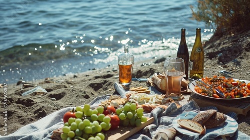 A picture of a relaxing beach picnic with a spread of delicious food and wine. Perfect for summer gatherings and outdoor dining