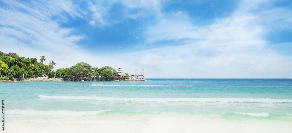 Scenic landscape of a tropical beach. Summer background.