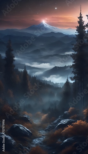 Beautiful View of Galactic Night Sky Misty Mountain Forest Landscape 4k Vertical Photo Wallpaper