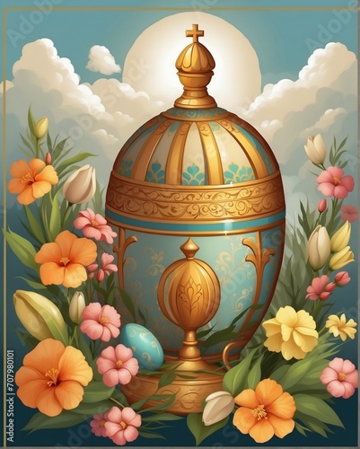 Ornate Easter Egg with Christian Cross and Flowers, Religious Celebration, Suitable for Greeting Cards, Easter Decor
