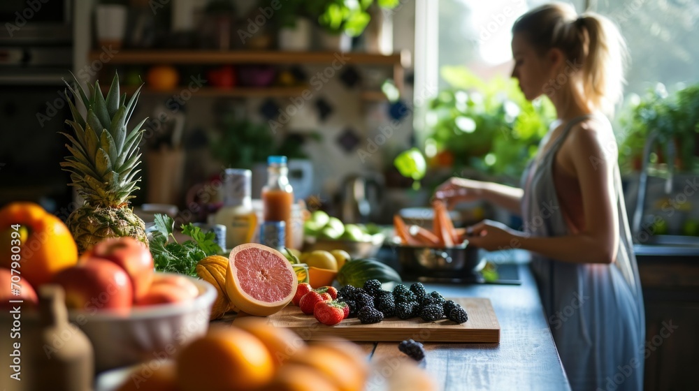 Woman Preparing Fresh Fruits in Sunlit Kitchen. A young woman engages in a healthy lifestyle by preparing various fresh fruits in, plant-filled kitchen environment.