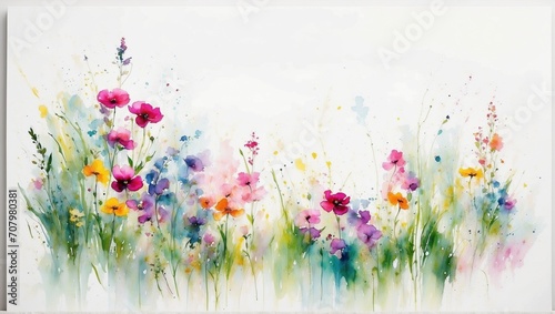 Illustration, postcard, banner: watercolor drawing of a bouquet of meadow flowers with copy space for text.