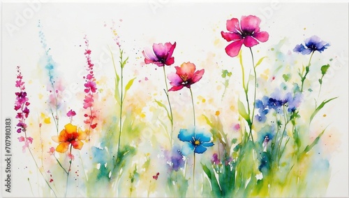 Illustration, postcard, banner: watercolor drawing of a bouquet of meadow flowers © Lolik