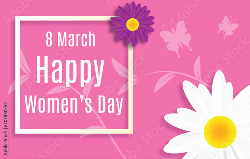 Spring Women_s Day Banner and Chamomile. International spring holiday celebration poster © Eugen