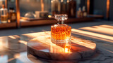 Presentación de Perfumería de Lujo: Frascos de Vidrio y Reflejos Dorados al Atardecer