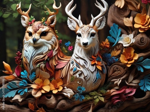 Elegant Deer Duo: Sculpture Garden Serenity with Avian Accent