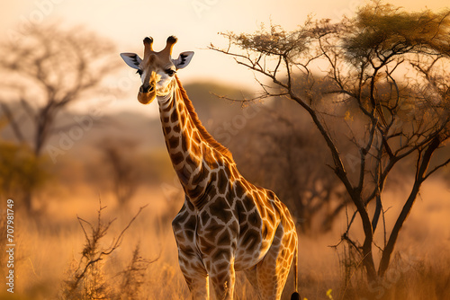 Giraffe in der afrikanischen Savanne, Sonnenaufgang, erste Lichtstrahlen, Tierfotografie, erstellt mit generativer KI