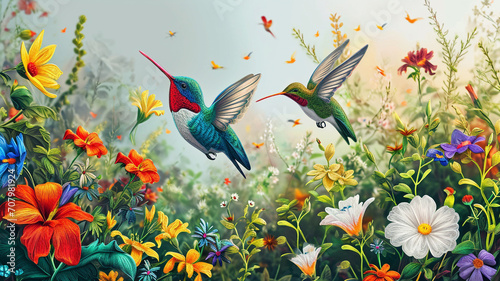 Quilled hummingbirds hovering over a garden of vibrant blossoms © Nazish