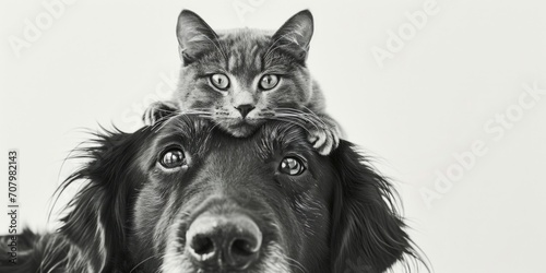A cat is seen sitting on top of a dog's head. This image can be used to depict an unlikely friendship between different animals photo