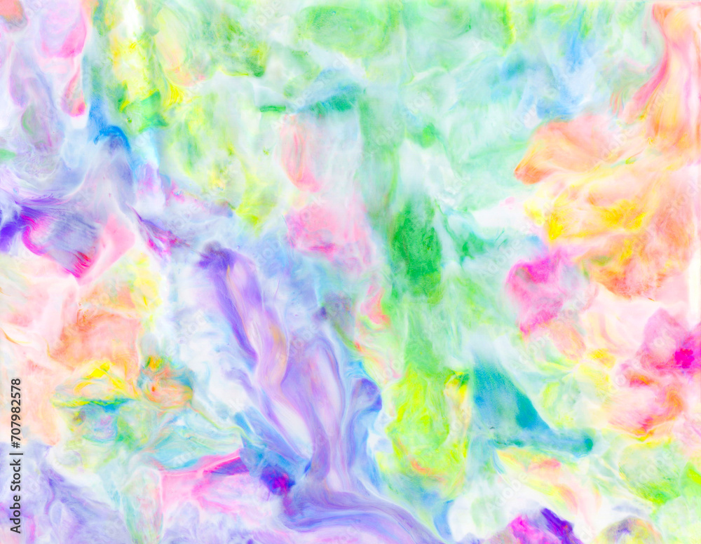 Bright colorful acrylic texture. Liquid flowing acrylic on canvas. Marble texture in rainbow colors. Hand made abstract artwork with  pink, blue, green and yellow colors.