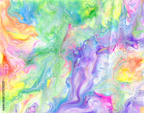Bright colorful acrylic texture. Liquid flowing acrylic on canvas. Marble texture in rainbow colors. Hand made abstract artwork with pink, blue, green and yellow colors.