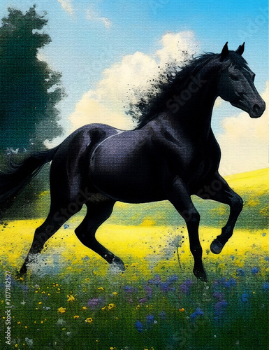 Art Illustration Of A Graceful Black Horse Captured In A Dynamic Pose