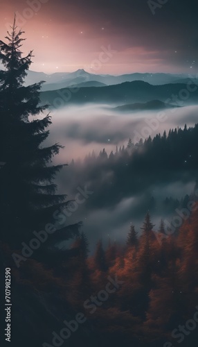 Beautiful View of  Misty Night Sky Mountain Forest Landscape 4k Vertical Photo Wallpaper © Nouzen