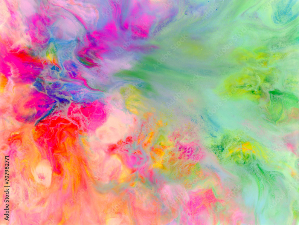 Bright colorful acrylic texture. Liquid flowing acrylic on canvas. Marble texture in rainbow colors. Hand made abstract artwork with  pink, blue, green and yellow colors.