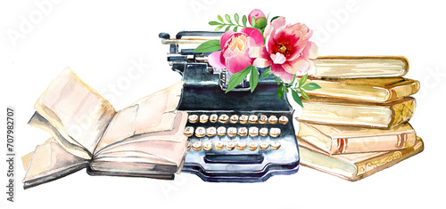 Beautiful watercolor hand painted vintage typewriter and books with flowers illustrations isolated on a white background. Romantic writer concept design set. photo