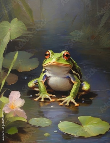 Tranquil Pond Serenity:  Peaceful  Frog on Lily Pad, watercolor painting  © bellart