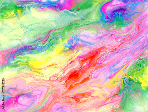 Bright colorful acrylic texture. Liquid flowing acrylic on canvas. Marble texture in rainbow colors. Hand made abstract artwork with pink, blue, green and yellow colors.