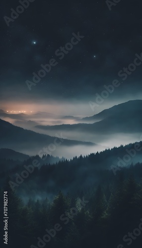 Beautiful View of Misty Night Sky Mountain Forest Landscape 4k Vertical Photo Wallpaper