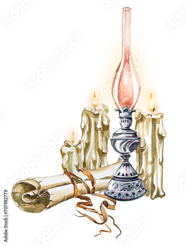 Illustration of an old fashioned paper rolls with candles and an old lantern. Watercolor hand painted vintage letter with lantern. Antique romantic  letters. Old post themed clipart. Medieval mail. photo