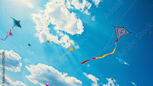 Panoramic view of Colorful flying kites on the blue sky. Kite day Concept Background AI Generative