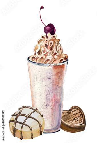 Chocolate taste drink and chocolate candy illustration. Watercolor hand painted summer milkshakes with cherrydesign. Dessert menu. Chocolate ice cream in a highball glass. Cafeteria menu card. photo